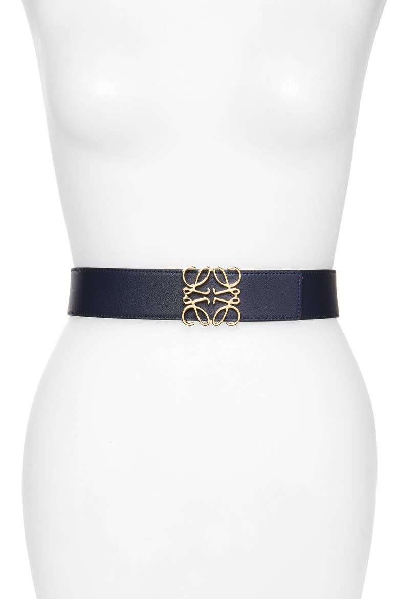 Anagram Logo Calfskin Leather Belt, Alternate, color, BLACK/ NAVY/ GOLD