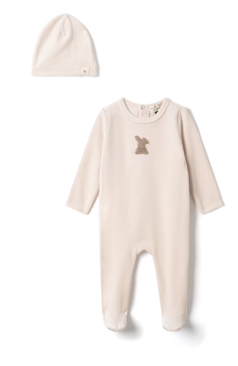 Bebe Bella Girl Bunny Applique Velour Romper, Main, color, Dark Almond