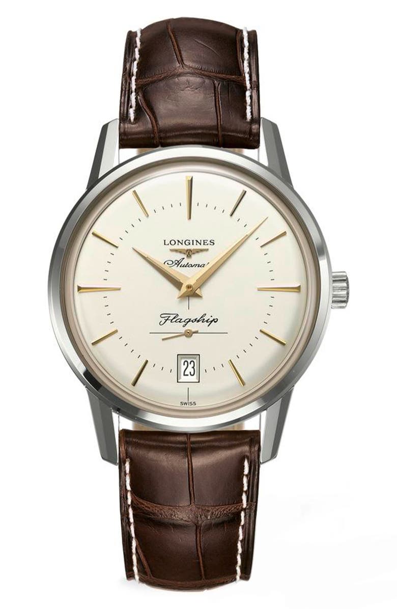 Longines Heritage Flagship Automatic Leather Strap Watch, 38.5mm, Main, color, Silver