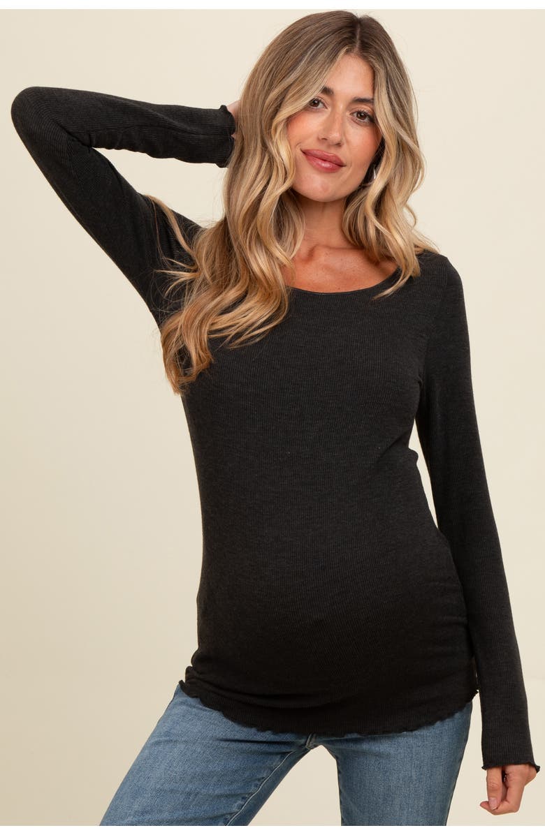 PinkBlush Ribbed Knit Long Sleeve Lettuce Hem Top, Alternate, color, Charcoal Grey