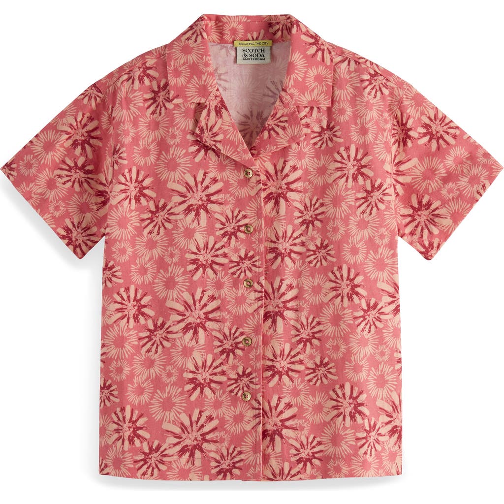 Scotch & Soda Kids' Floral Short Sleeve Cotton & Linen Button-up Shirt In 7971 Abstract Flora