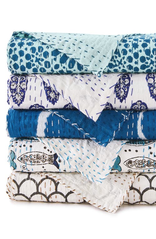 Melange Home Fish Kantha Cotton Coverlet In Indigo