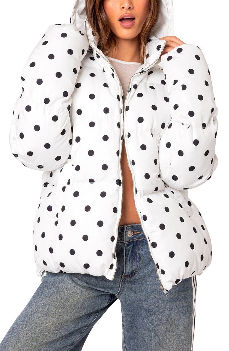 EDIKTED Marcey Polka Dot Puffer Jacket, Main, color, 