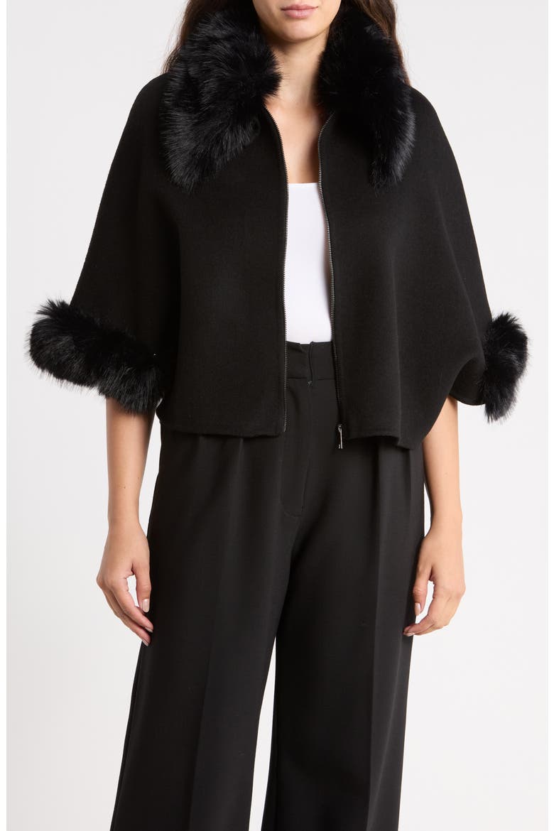 Faux Fur Trim Wool Cape, Main, color, BLACK