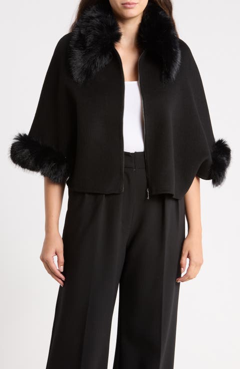Faux Fur Trim Wool Cape