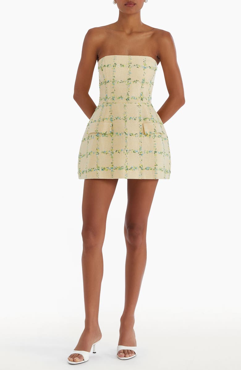 Amanda Uprichard Bethany Tweed Check Strapless Skort Romper, Main, color, Yellow