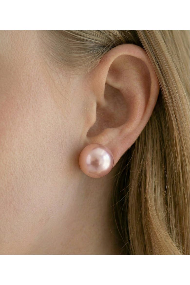 13mm Pink Freshwater Round Pearl Stud Earrings, Alternate, color, Yellow Gold