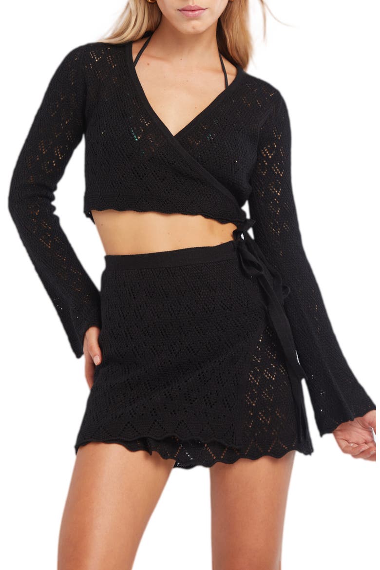 Kaia Side Tie Knit Cover-Up Wrap Skirt, Alternate, color, BLACK