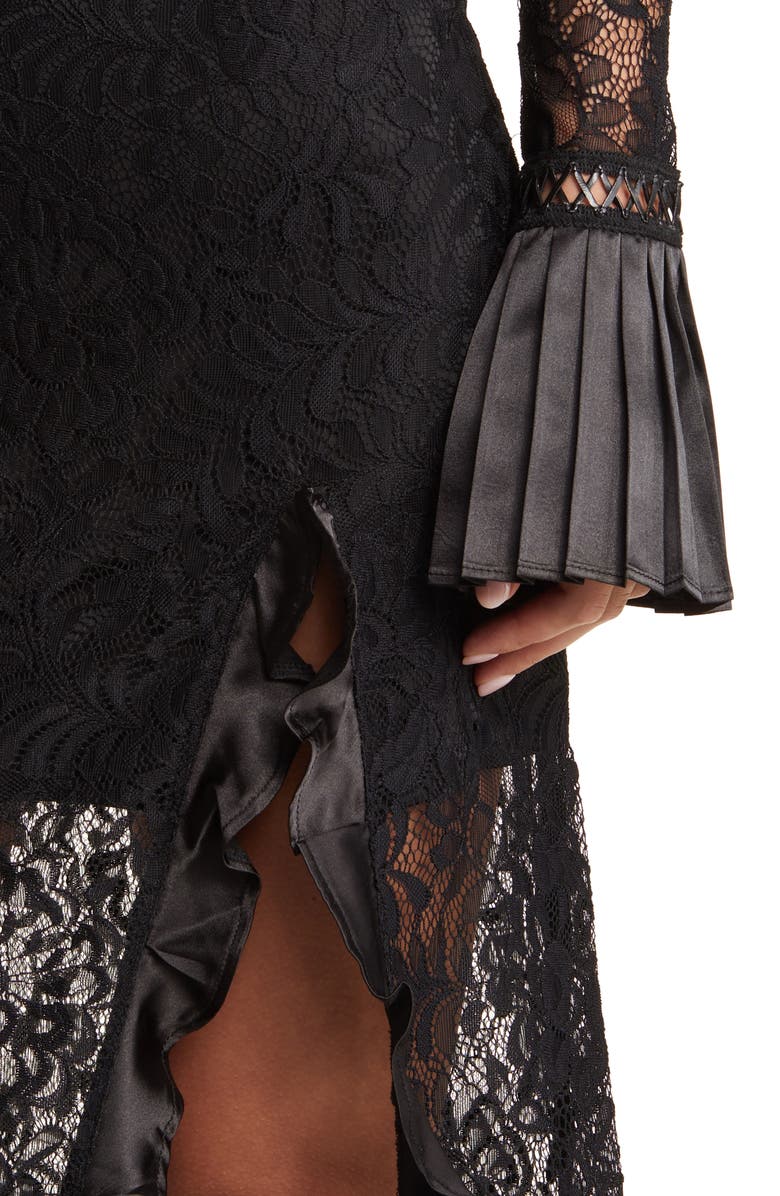 bebe Lace High Slit Bell Long Sleeve Midi Dress, Alternate, color,