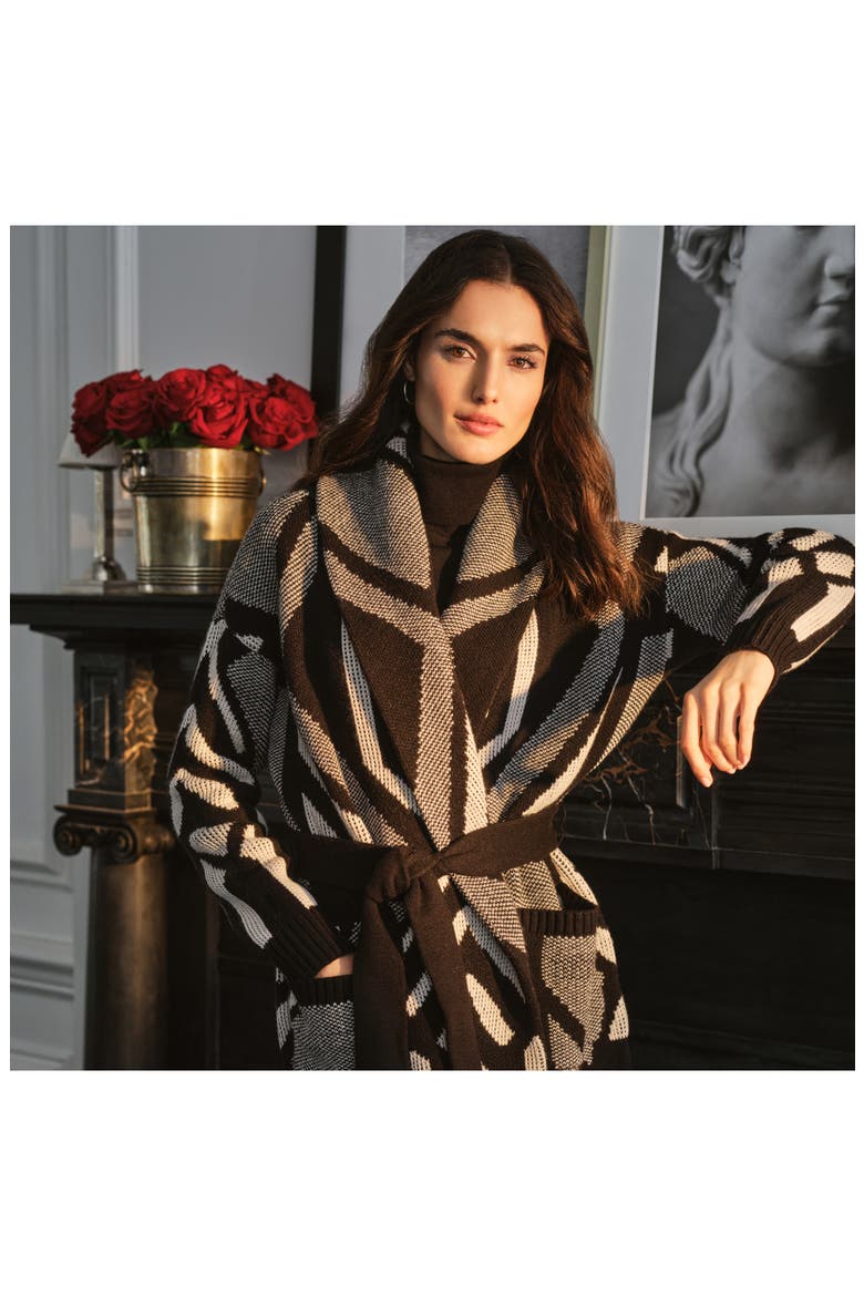 Geo Motif Wrap Cardigan, Alternate, color, BLACK/ MASCARPONE CREAM