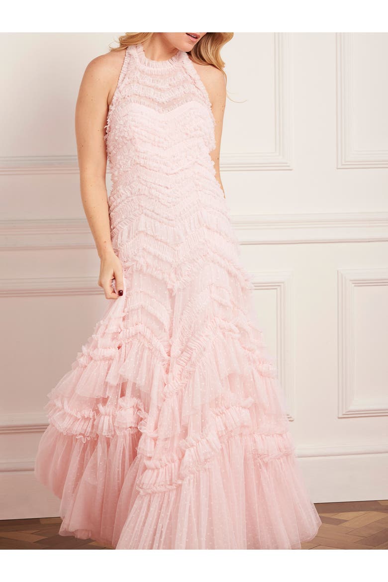 Elia Halter Neck Ruffle Tulle Maxi Gown, Alternate, color, Seashell