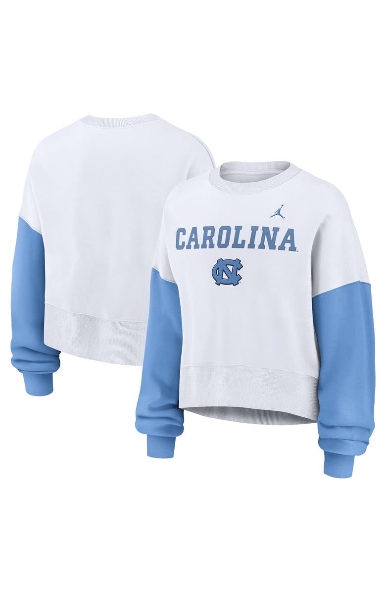 Jordan Brand Women's Jordan Brand White North Carolina Tar Heels Color-Block Oversized Cropped Pullover Sweatshirt, Main, color,