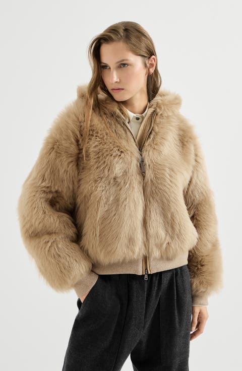 Lux shearling padded outerwear jacket with shiny zipper pull