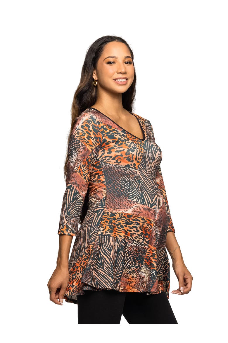 Animal Print V-Neck Three Quarter Sleeve Tunic Top, Alternate, color, Brown Multi