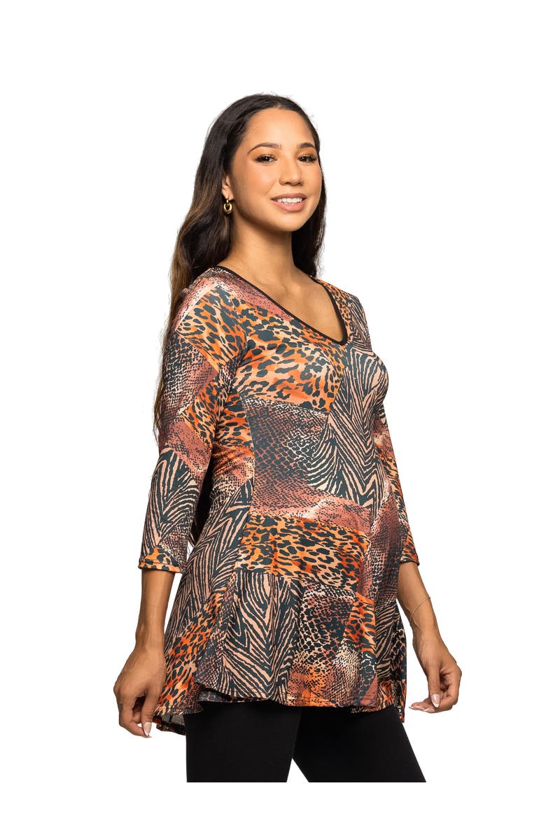 24seven Comfort Apparel Animal Print V-Neck Three Quarter Sleeve Tunic Top, Alternate, color, Brown Multi