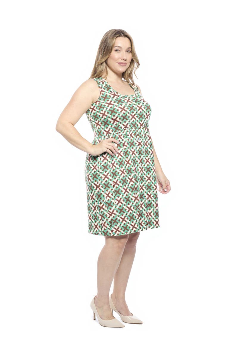 24seven Comfort Apparel Plus Size Geometric Sleeveless Fit N Flare Knee Length A-Line Dress, Alternate, color, Green Multi