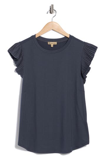 Democracy Pleated Sleeve Mixed Media T-shirt In Blue
