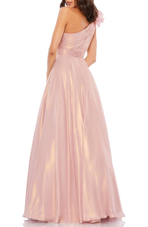 Mac Duggal Rosette One-shoulder Iridescent Ball Gown In Rose Gold