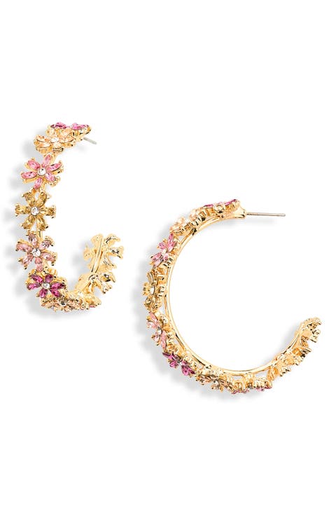 Crystal & Faux Pearl Flower Hoop Earrings