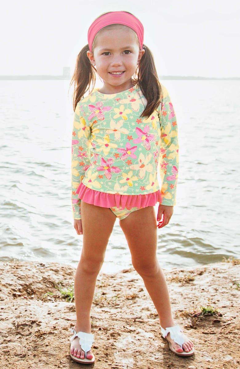 RuffleButts Waltzing On Water Two-Piece Rashguard Swimsuit & Head Wrap Set, Alternate, color,