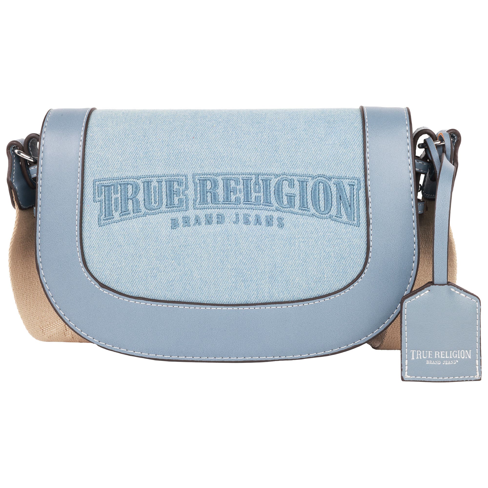 True Religion Dark Denim Logo Saddle Bag, Main, color, Denim