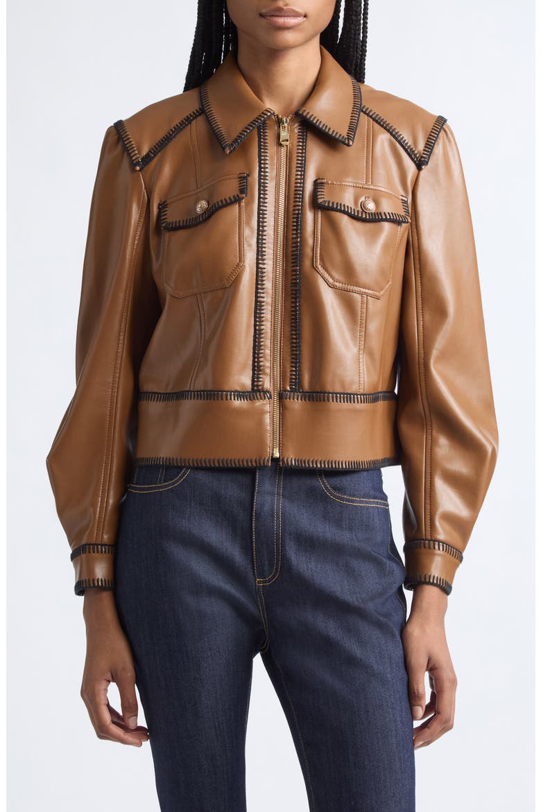 Kimmy Whipstitch Faux Leather Jacket, Main, color, CHOCOLATE MILK/ BLACK