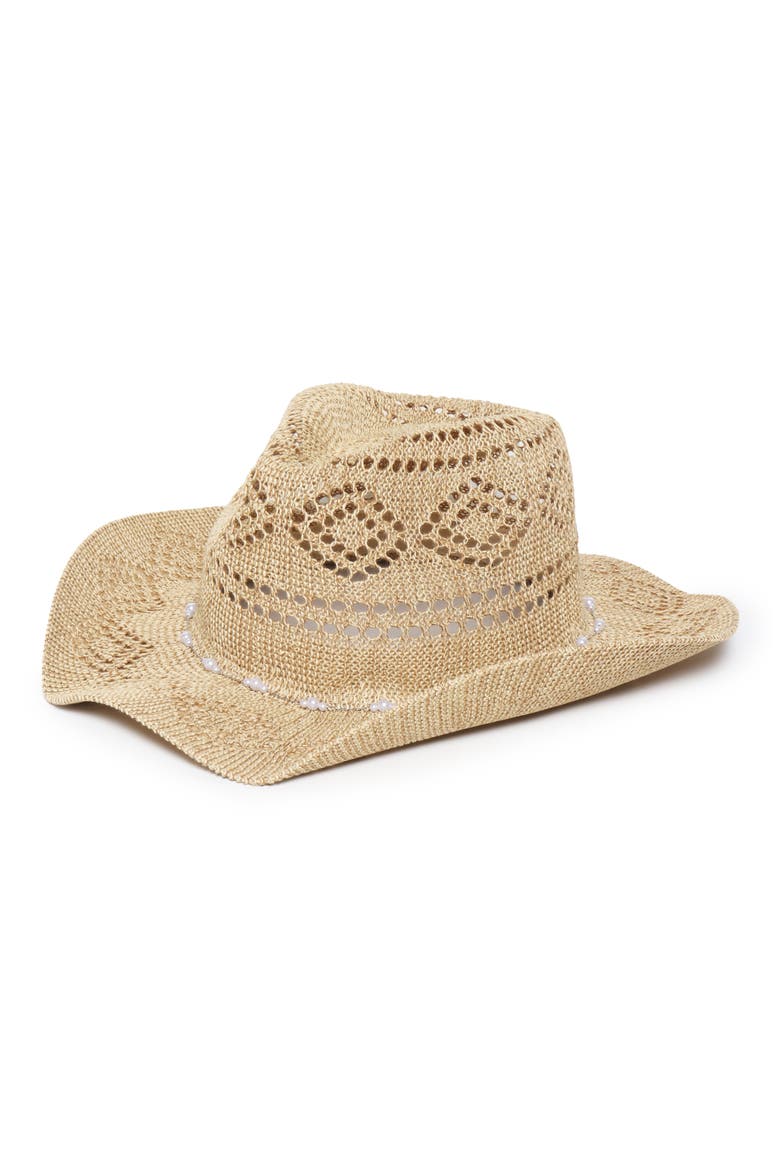Faux Pearl Chain Woven Cowboy Hat, Alternate, color, LIGHT BROWN
