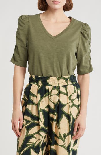 Cinched Sleeve Cotton V-Neck Top