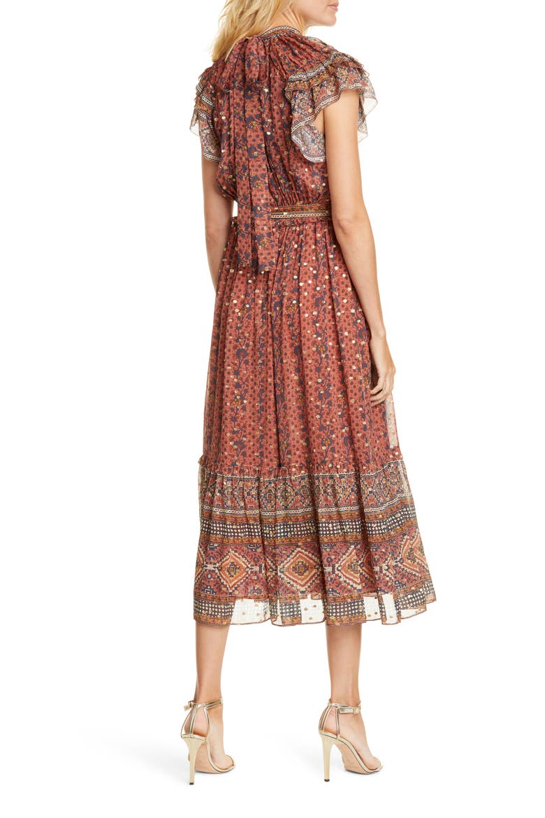 Alastair Jacquard Dot Silk Blend Midi Dress, Alternate, color, BRICK