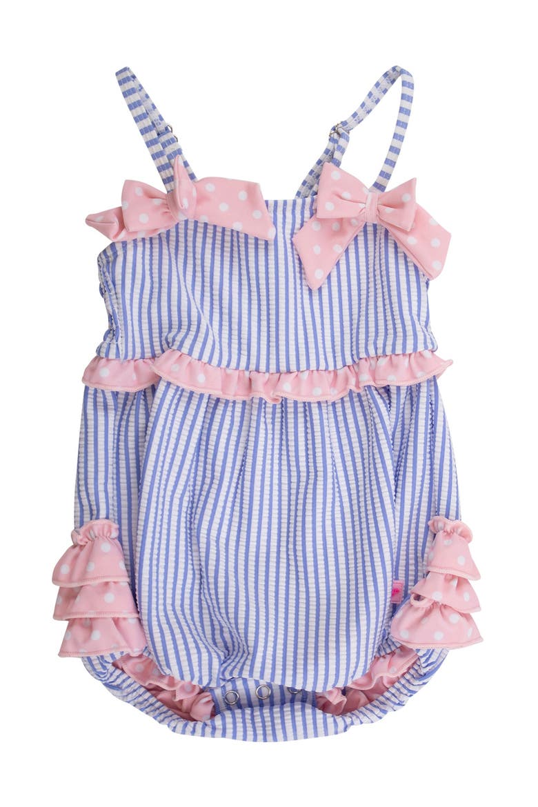 Upf50+ Seersucker One Piece Bow Bubble Romper Swimsuit (baby), Main, color, Periwinkle Blue Seersucker