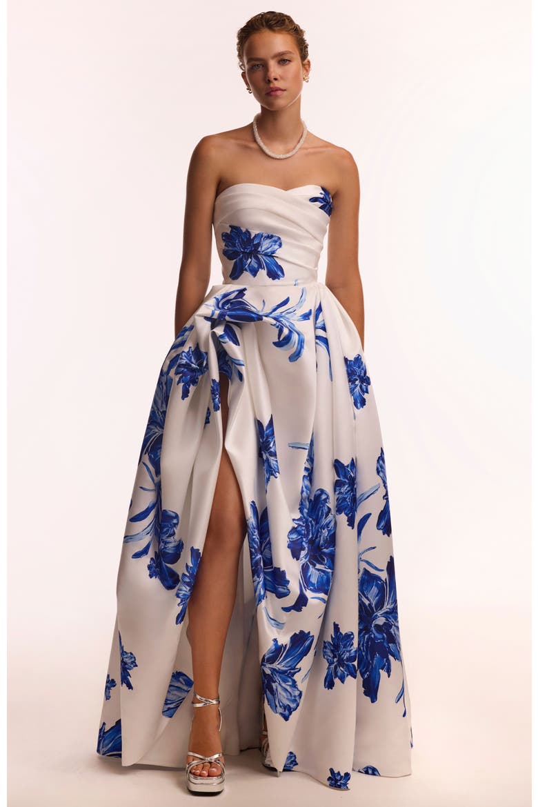 Strapless A-Line Floral Formal Occasion Maxi Dress in White & Blue, Alternate, color, White-Blue