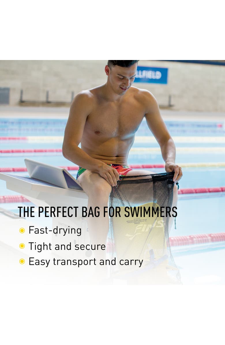FINIS Mesh Gear Bag for Swim Equipment Quick Dry Nylon Drawstring Closure Zip Pocket Hook Attachment, Alternate, color, Black
