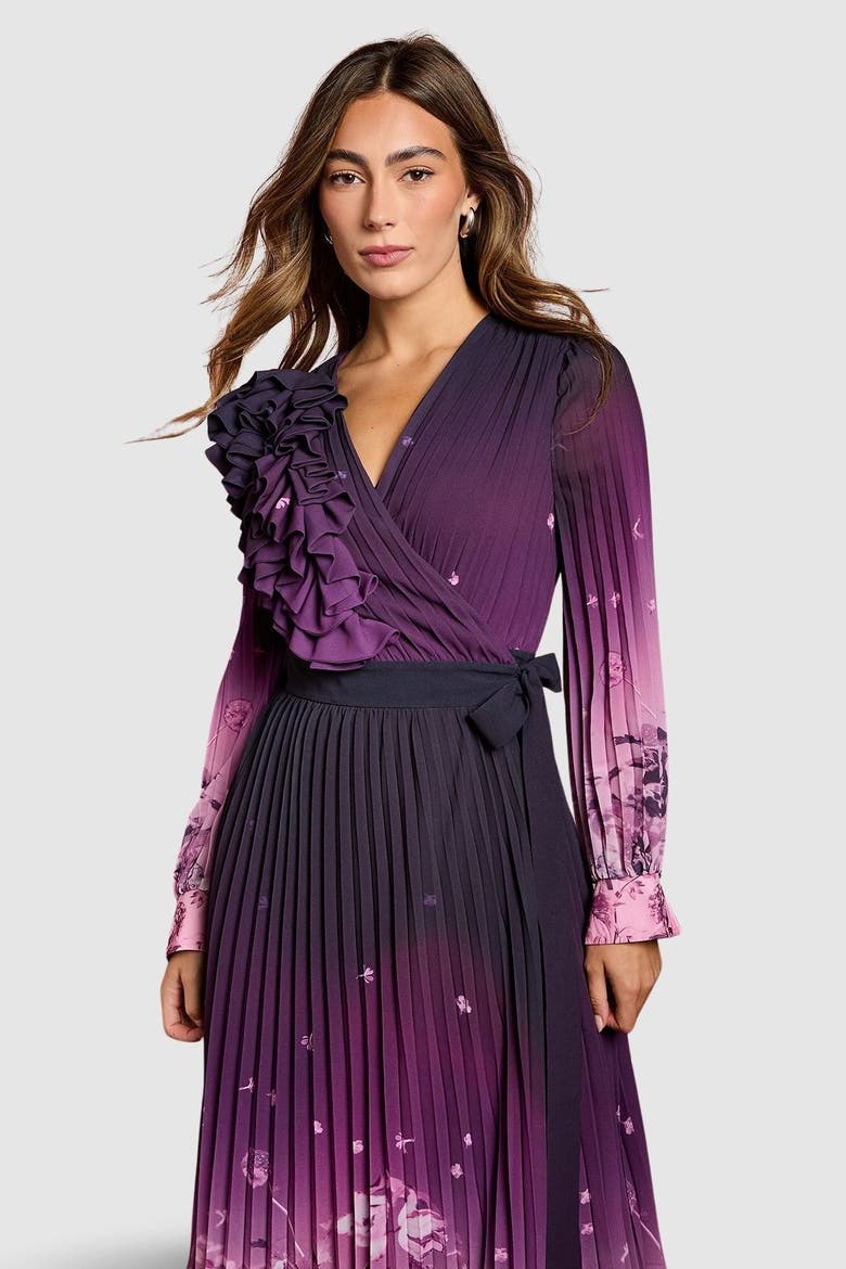 Floral Corsage Wrap Georgette Dress, Alternate, color, Mauve