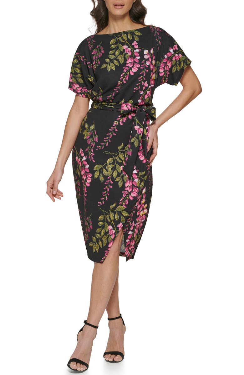 Kensie Boatneck Floral Print Dress, Main, color, Black Multi
