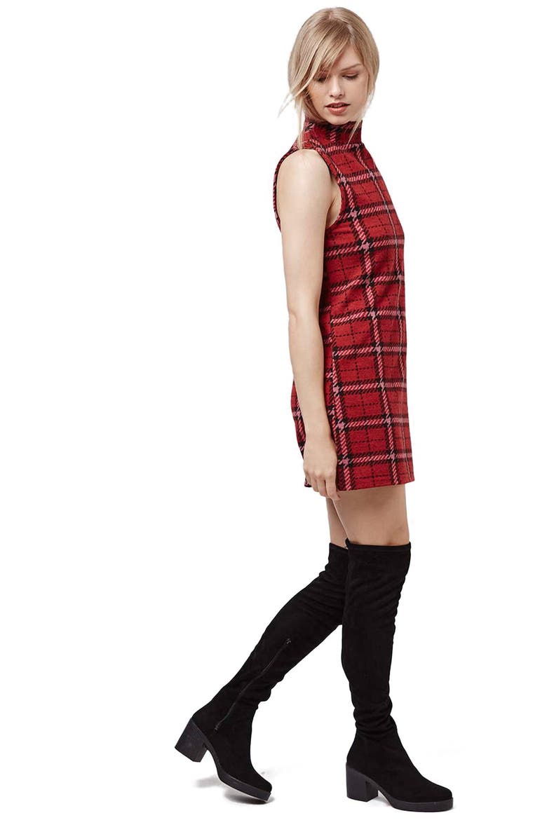 Plaid Funnel Neck Tunic Dress, Alternate, color, RED MULTI