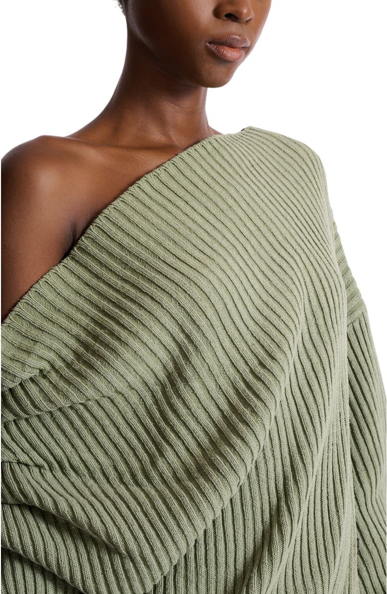 Balmain Draped asymmetrical jumper in ribbed silk knit, Alternate, color, Green