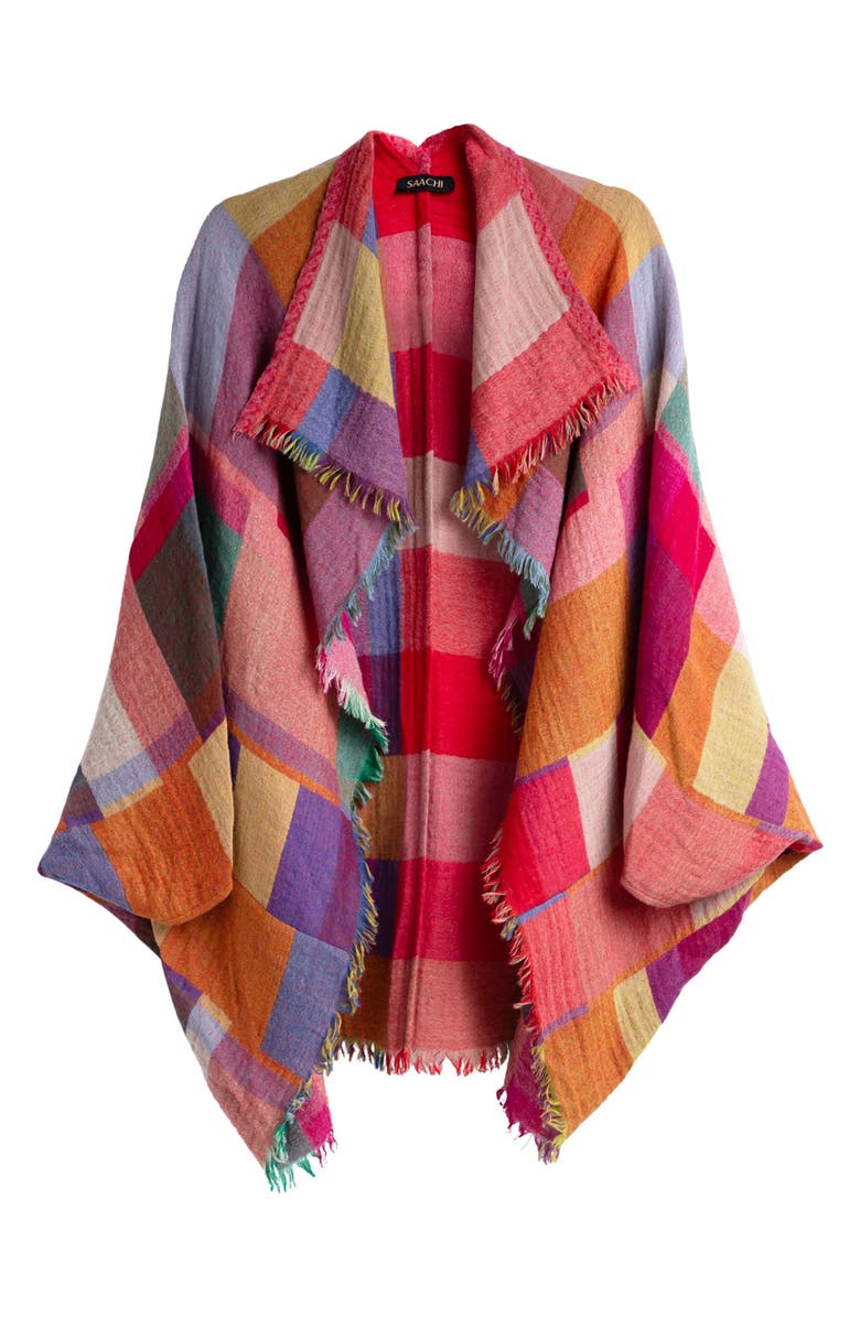 SAACHI Rainbow Plaid Wool Ruana, Alternate, color, Yellow Multi