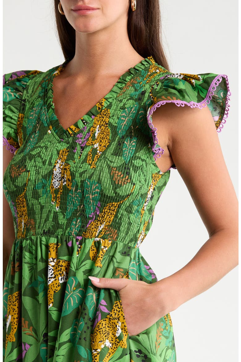 Merlin Smocked Bodice Flutter Sleeve Cotton Midi Sundress, Alternate, color, GREEN-MULTI