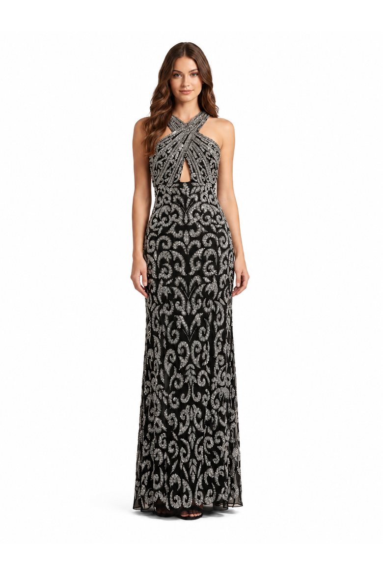 Beaded Cross Halter Dress, Main, color, Black/Silver