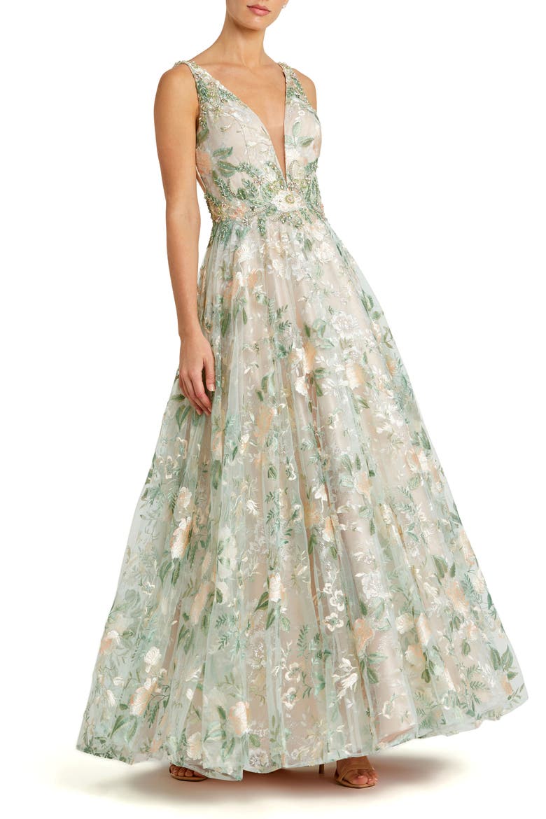 Floral Embroidered Illusion V-Neck Gown, Main, color, CREAM MULTI