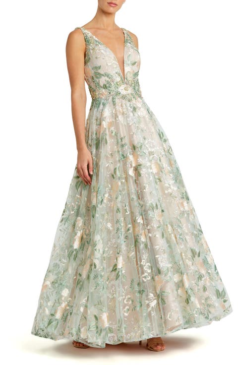 Floral Embroidered Illusion V-Neck Gown