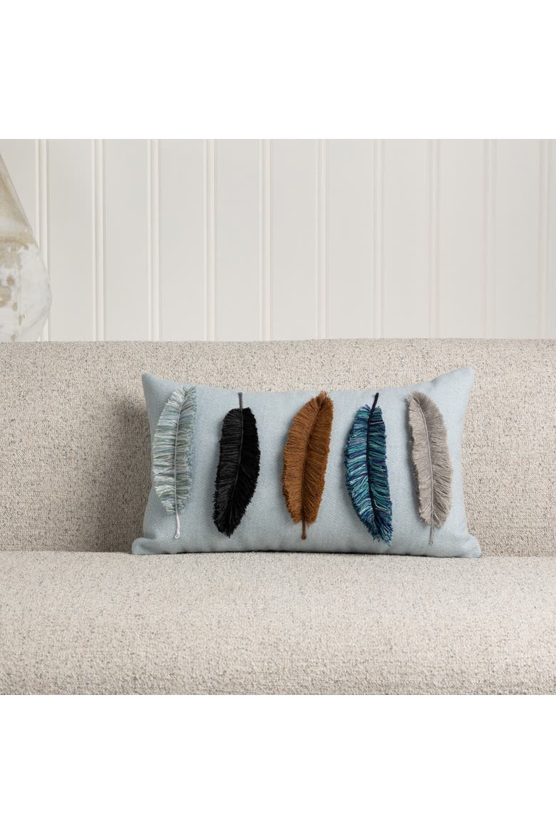 Believe Handmade Feather Embroidered Applique Indoor & Outdoor Accent Pillow, Alternate, color, Sky