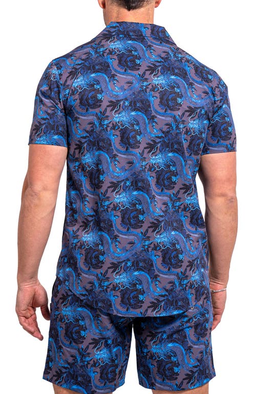Maceoo Beachdragon Blue Short Sleeve Cotton Button-up Shirt In Blue