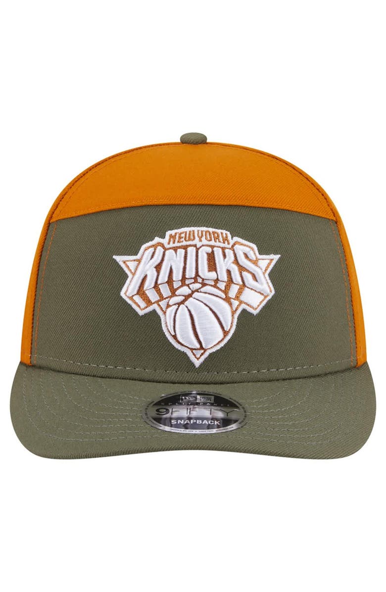 New Era Men's New Era  Olive/Burnt Orange New York Knicks Two-Tone Color Pack Split Panel 9FIFTY Adjustable Hat, Alternate, color, Olive