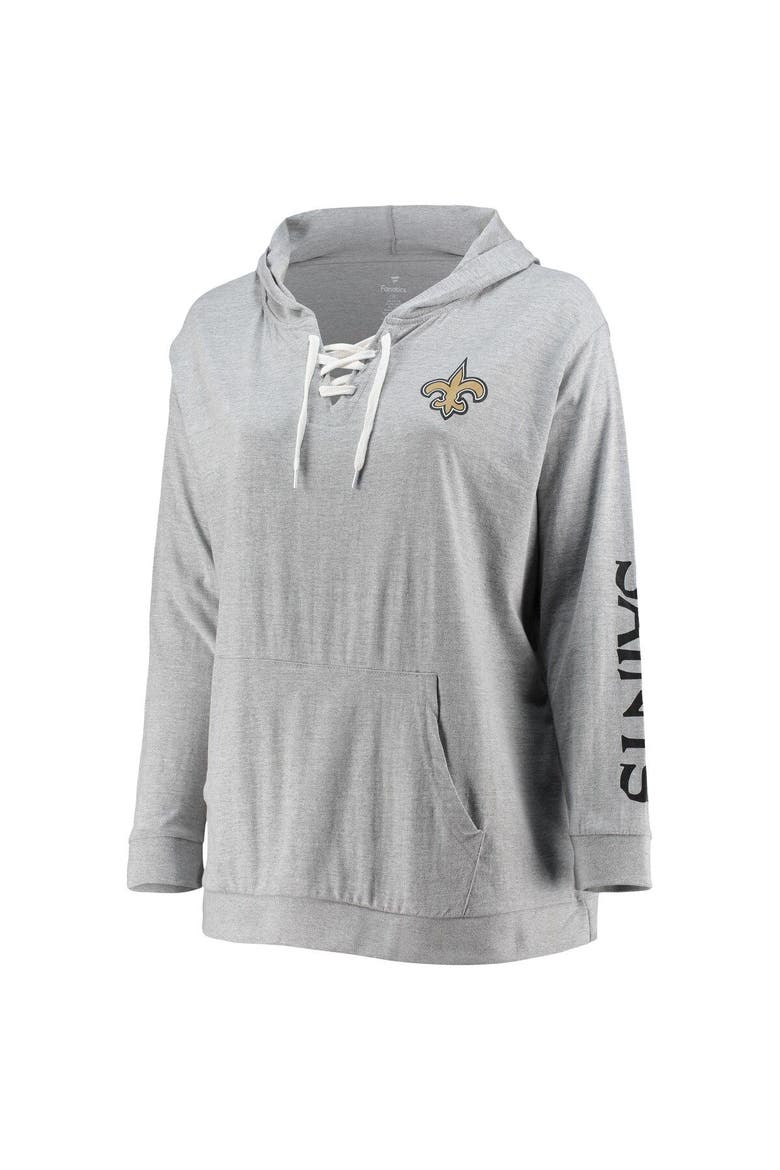 Women's Fanatics Branded Heathered Gray New Orleans Saints Plus Size Lace-Up Pullover Hoodie, Alternate, color, Heather Gray