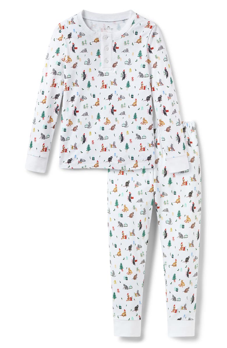 Petite Plume Kids' Merry Meow Fitted Two-Piece Pima Cotton Pajamas, Main, color, White