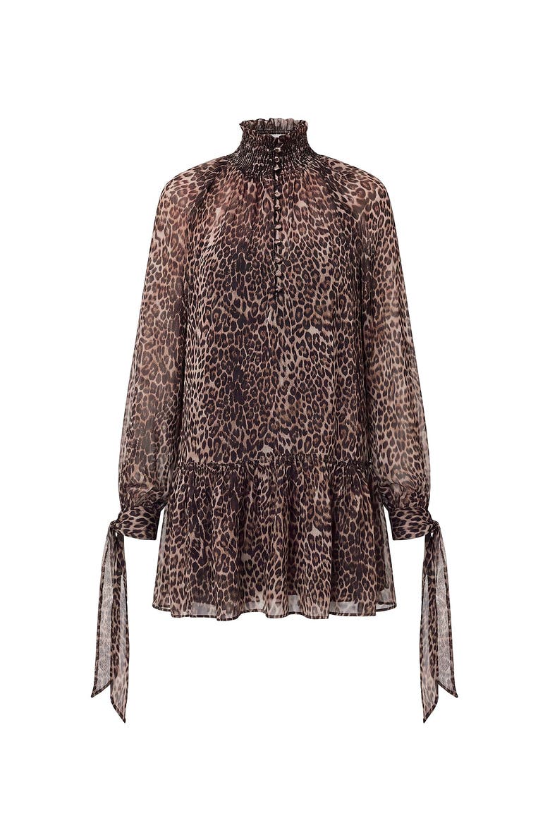 Eliza Scarf Detail Printed Mini Swing Dress, Alternate, color, DESERT LEOPARD