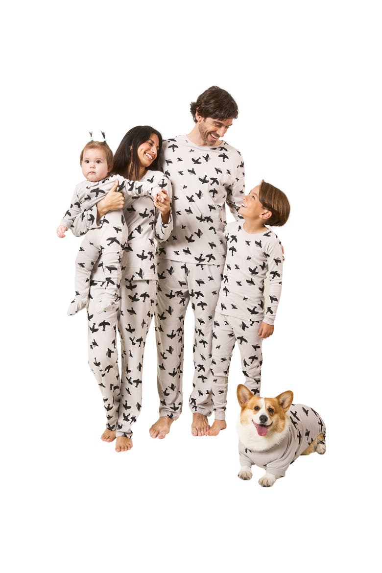 Kids Footed Cotton Matching Family Pajamas, Nature & Water Prints, Alternate, color, Bird Gray