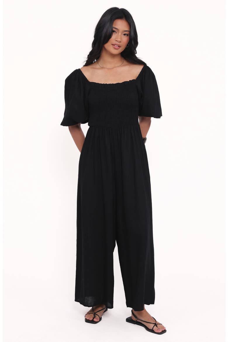 Ebony Smocked Puff Sleeve Wide Leg Jumpsuit, Alternate, color, BLACK