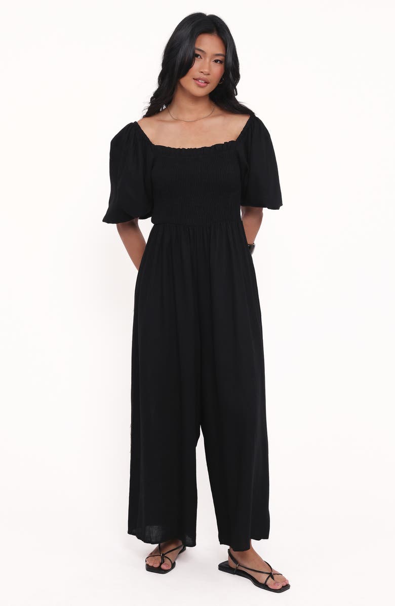 Petal & Pup Ebony Smocked Puff Sleeve Wide Leg Jumpsuit, Alternate, color, Black